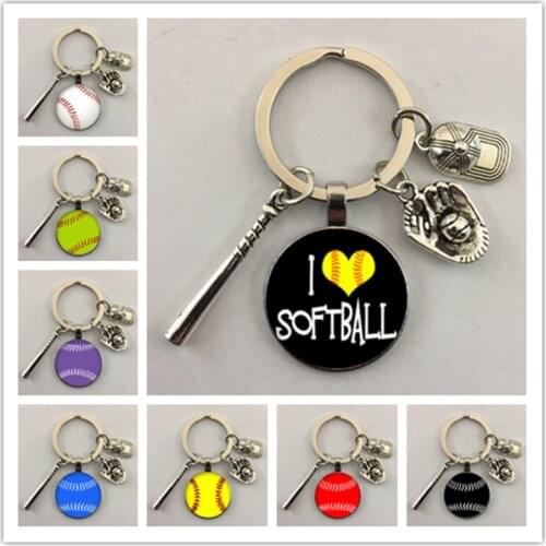 Hot selling fashion softball glass dome keychain keychain chain frame round baseball pattern keychain glass cabochon keychain