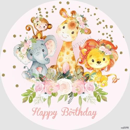 Cartoon Jungle Safari Wildlife Round Circle Backdrop Baby Shower Birthday Party Decor Dessert Table Background Panel Cover