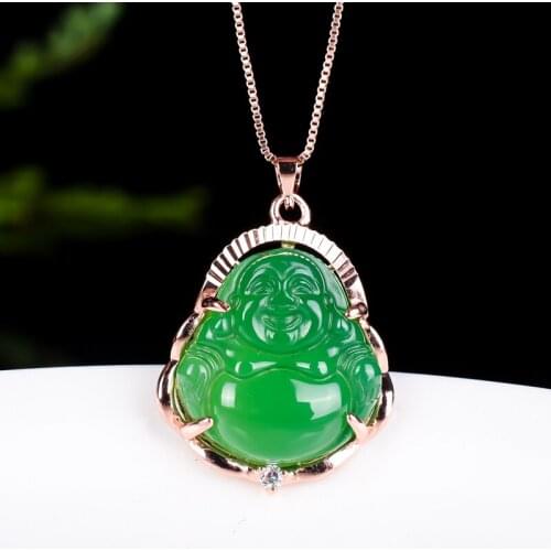 Natural Chalcedony 925 Silver Buddha Pendant Jewelry Fine Jewelry Silver Inlaid Green chalcedony Necklace Pendant Christmas Gift