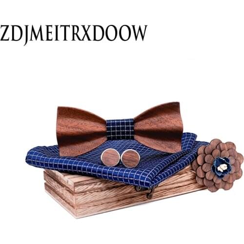 New 2020 Adjustable 3D Wooden Bow Tie Set Plaid Floral Pocket Square Brooch and Cufflinks With Wood Box For Men Bowtie Sets