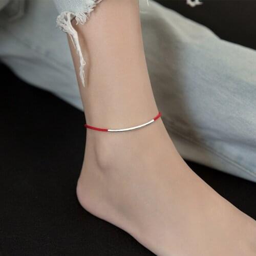 Anklet Leg 925 Silver Chain On Foot Sterling Female Vintage Fashion Red Black Rope Jewelry Bobby Socks Women S4250