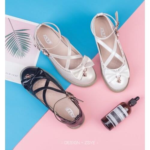 Cat bow element jsk lolita doll shoes small leather shoes black and white light gold Lolita flat shoes sweet lolita shoes