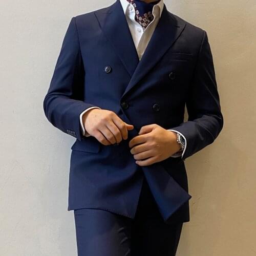 RICODESIGN mens slim fit business classic formal navy suit double breasted stretch two pieces handmade tailored customed