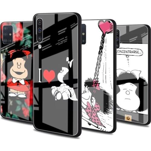 Luxury Glass Cover for Samsung Galaxy A51 A50 A71 A70 A21s A31 A10 A40 A41 A52 Tempered Phone Case Cartoon Mafalda Girl
