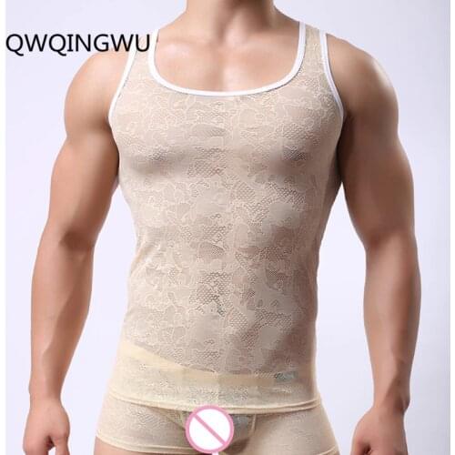 Sexy Men Undershirts Mesh Sexy Tops Tees Shirts Transparent Bodybuilding Gay Male Singlets Lace See Through Undershirts Fashion