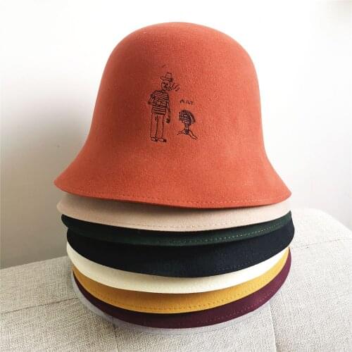 Woolen Bucket Hat Embroidered Black Orange Female Bell Shade Fisherman Hat Retro Straight Basin Hat Plain Beggar Hat