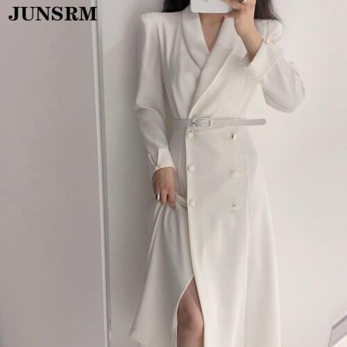 Chic Double Breasted Belted Sashes Suit Dress Women Elegant Lapel Long Sleeve Slim Waist Dress Female 2020 Autumn Office Dresses