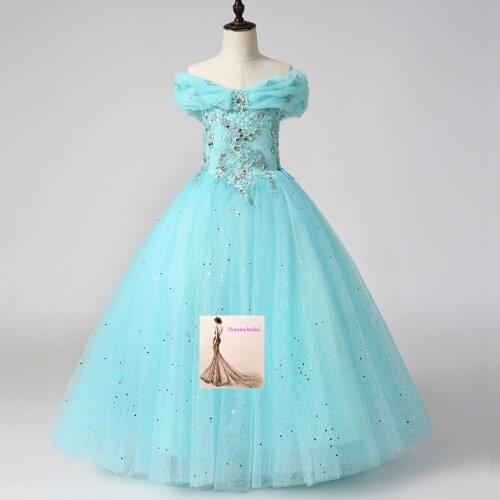 2021 Light Aqua Cinderella Princess Glitz Sequined Tulle Flower Girl Pageant Dresses for Little Kids Toddler Cupcake Long Lace