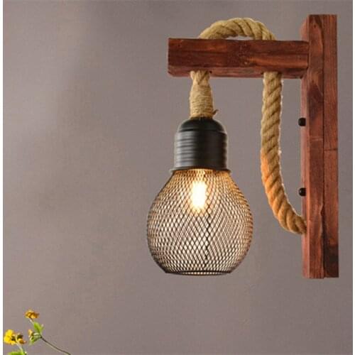 Retro Hemp Rope LED Wall Lamp Living Room Bedside Wooden Wall Light Vintage Industrial Cafe Bar Decor Lighting Luminaires