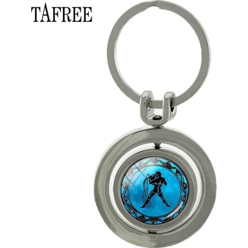 TAFREE Aquarius 12- Revolving Pendant Key Chain Handmade Glass Double Sides Rotatable Keyring Birthday Gift d1145