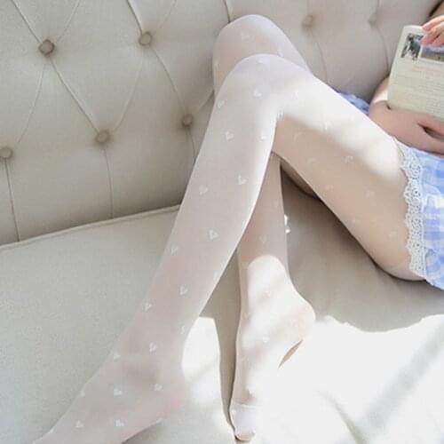 Sexy Nylon Pantyhose Stocking Women Lolita Heart Dot Thin Stockings Gilrs White Lace Tights High Waist Hosiery
