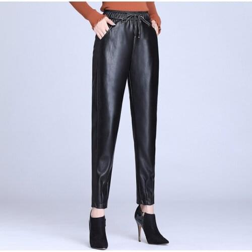 Women Harem Faux Leather Pants Ladies Elegant Elastic Waist Drawstring Black Pu Leather Loose Trousers Streetwear Female Pants
