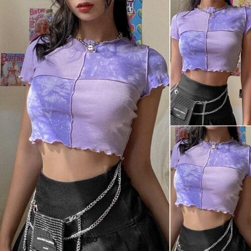 Womens Tie-Dye Cropped Tops Ruffle Frill Short-Sleeve Top Patchwork Round Neck Casual T-Shirt Purple