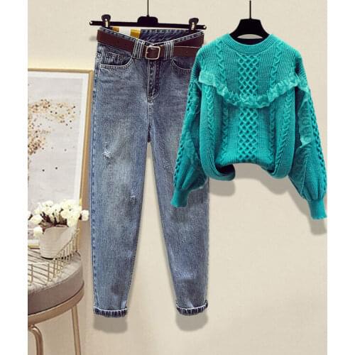Korean Chic Women Autumn Winter Casual Loose Long Sleeve Sweater and Denim Pants Two Piece Set Female Jeans Trousers Suits Q690