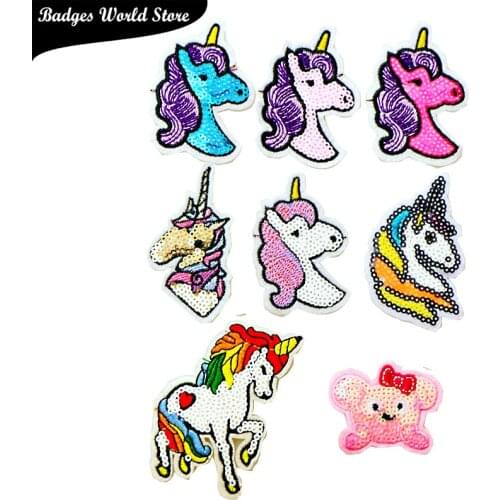 2 Pcs Unicorn Bear Kitty Cartoon Sequin icon Iron on Patches for Clothing DIY Stripes Patchwork Stickers Custom Badges