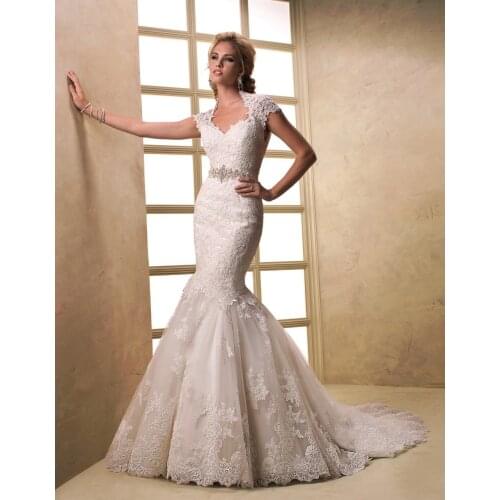 2020 Royal Custom Made Ivory Crystal Scoop High-Low Bow Sash Mermaid Lace and See Through Wedding Dresses Bride Wedding Gowns