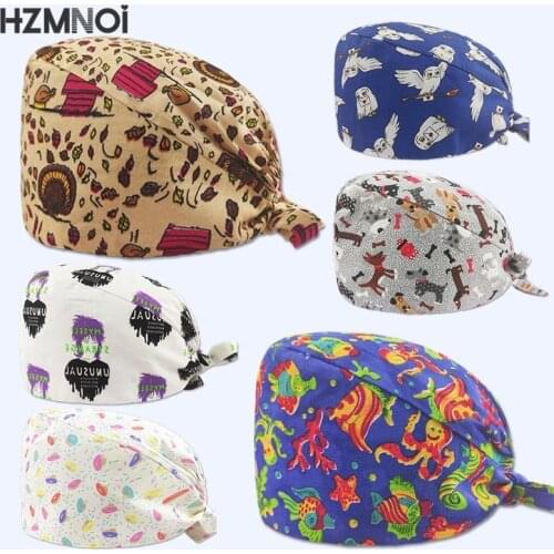 2021 Cartoon Printed Cotton Breathable Female Medical Nurse Cap Pet Hospital Surgeon Cap Dentist Cap Beauty Salon Chef Scrub Cap