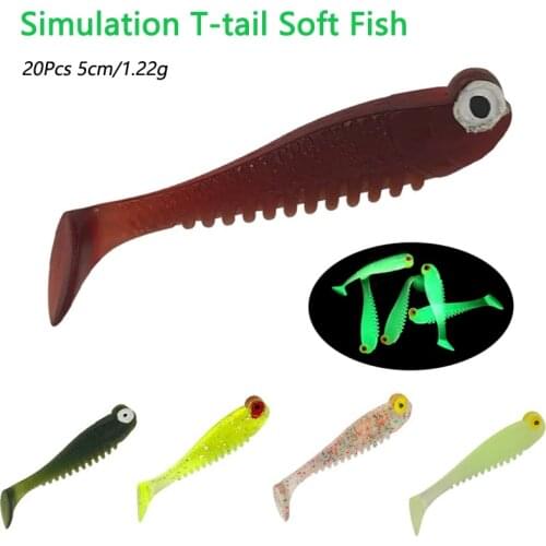 2021 Simulation T-Tail Soft Fish Fishing Lures 20Pcs 5cm 1.2g Paddle Tail Artificial Bait Glow In The Dark Plastic Worms Bait