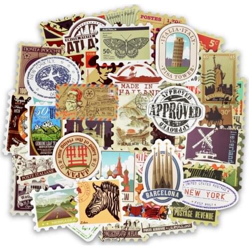 50pcs Retro Stamp Sticker Travel Historical Building Postmark Postage Stickers for DIY Luggage Laptop Travel Case Guitar Fridge