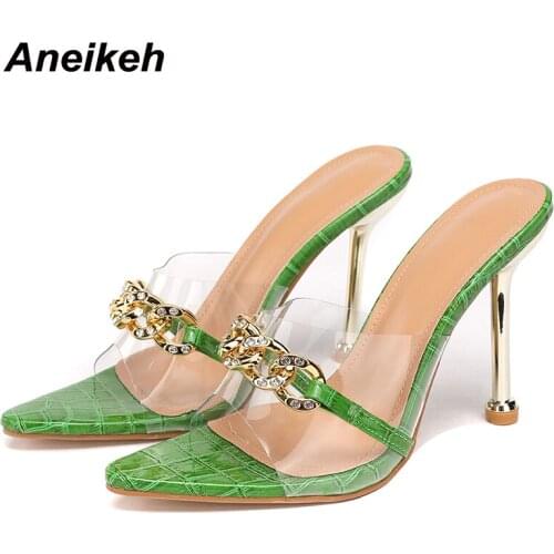 Aneikeh Summer NEW Sexy PVC Metal Chain Crystal High Platform Slippers Women 2021 Fashion Shallow Slip-On Pointed Toe Thin Heels