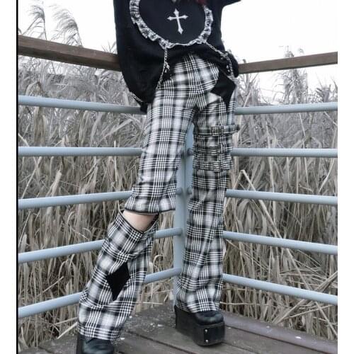 Ruibbit Harajuku Punk Black Plaid Pants Women Streetwear Casual Cross Decoration Pants Fashion Hip Hop Boot Cut Trousers