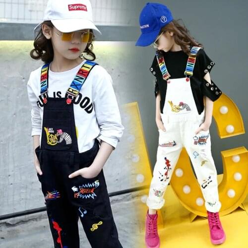 Kids denim overalls 2019 new autumn big girls cowboy hole pants children cartoon belt trousers 4 to 14 years baby jeans clothes