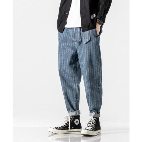 Men Spring Autumn Japan Fashion Harajuku Style Vintage Striped Large Size Denim Jeans Male Casual Loose Pencil Pant With Pocket
