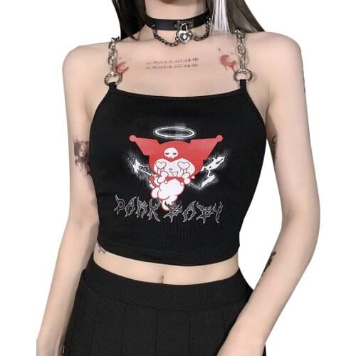 Goth Demon Print White Black Camis Punk Sexy Metal Chain Patchwork Camisole Harajuku Streetwear Backless Cropped Tops