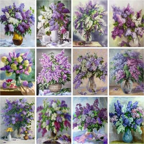 Huacan Diamond Painting Kit Lilac Flower Full Square/round Embroidery Clove Floral Mosaic Vase Wall Decor