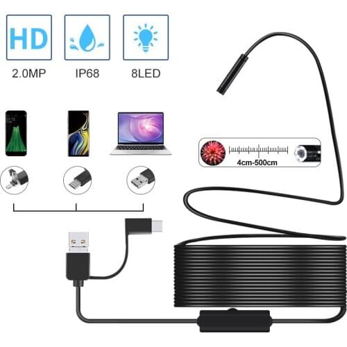 2.0MP Semi-Rigid USB Endoscope Camera IP67 Waterproof Sewer Camera With 8 LED for Android, MacBook & Windows PC (3CM-5M)