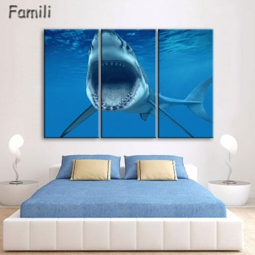 Big Shark Near Sea Surface Open Mouth In Blue Sea Wall Art Painting The Picture Print On Canvas Animal Pictures For Home Decor