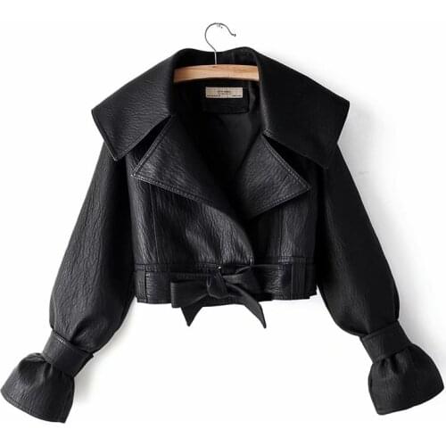New Autumn Women Pu Leather Jackets Short Coat Turndown Collar Belt Lace-up Motorcycle Black Punk Red Overcoat Female Outwear