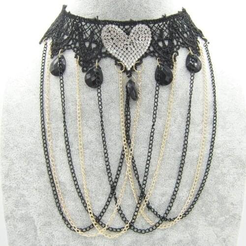 New Arrival Black Lace with Silver Heart Bow Butterfly Chain Crossed Lady`s Fashionable Choker