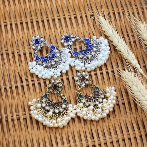 New Ins Antique Gold Handmade Beads Enamel Blue Flower Indian Jhumki Jhumka Nepal Earrings Bohemia Party Jewelry