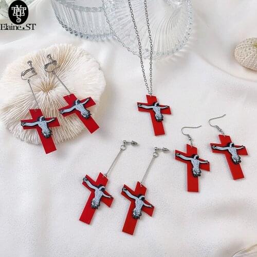 Wholesale 10 Pcs Fashion Cross Jesus Earrings Red Acrylic Big Earrings Celebrate Jesus Disco Street Party Accessories