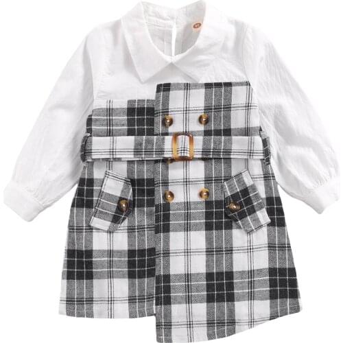 2-6Years Girls Casual Big Hem Dress, White Plaid Printed Pattern Long Sleeve Collared Dresses