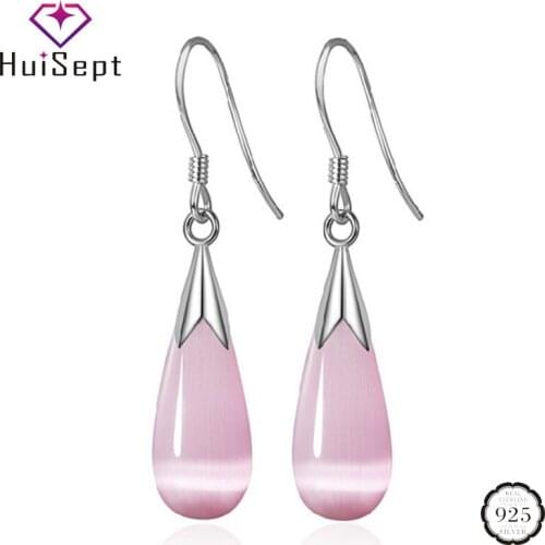 HuiSept Fashion Silver 925 Earrings for Female Water Drop Shaped Pink Cat Eye Stone Earrings Jewelry Ornaments Wedding Wholesale