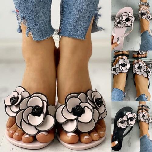 Womens Slipper Flat Flowers Outdoor Non-Slip ZapatosLadies Fashion Casual Floral Flip Flop Outdoor Slip On Slippers Beach Shoes