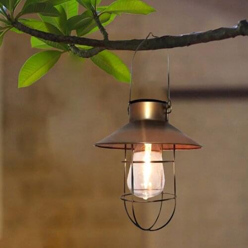 LED Solar Lantern Light Wrought Iron Lantern Hanging Tungsten Bulb Lights Waterproof Outdoor Garden Yard Art Landscape Decor