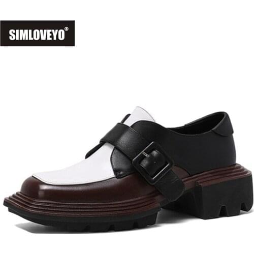 SIMLOVEYO New 2021 Ladies Pumps Square Toe 4cm Block Heels Genuine Leather Patchwork Buckle Stylish Designer Breathable B2304