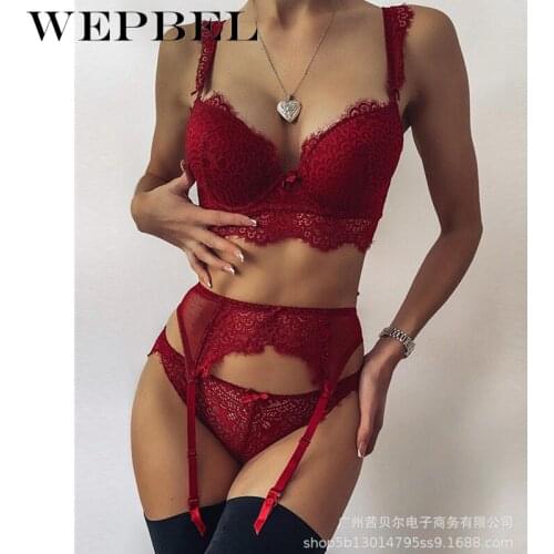 WEPBEL Women Sexy Lingerie 3pcs Bra Briefs Garter Stocking Clip Set Lace Nightwear Sheer Underwear G-string Transparent Babydoll