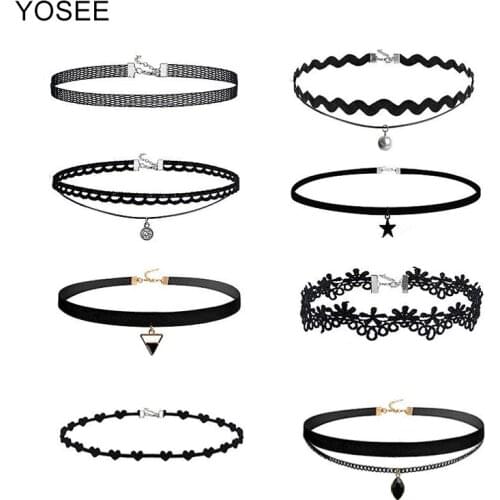 YOSEE 8PCS Jewelry New Gothic Tattoo Leather Choker Set for fashion Women Hollow Out Black Necklace Jewelry
