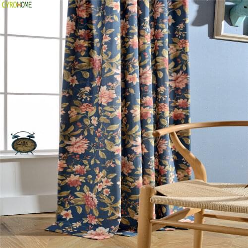 Cotton Polyester Eco Half Shading America Printed Navy Curtain for Living Room Colorful Flower Bedroom Window Drapes