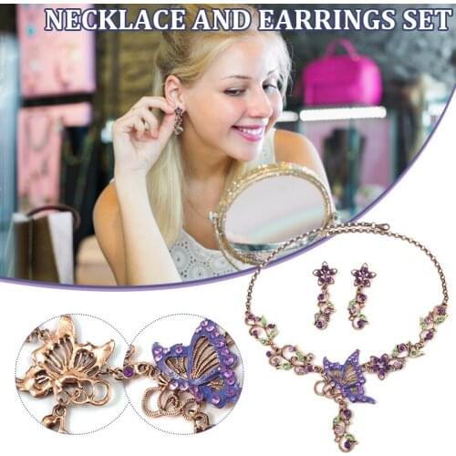 Women Vintage Jewelry Set Flash Fashion Alloy Rhinestone Enamel Butterfly Flower Necklace Earring Set For Ladies Wedding