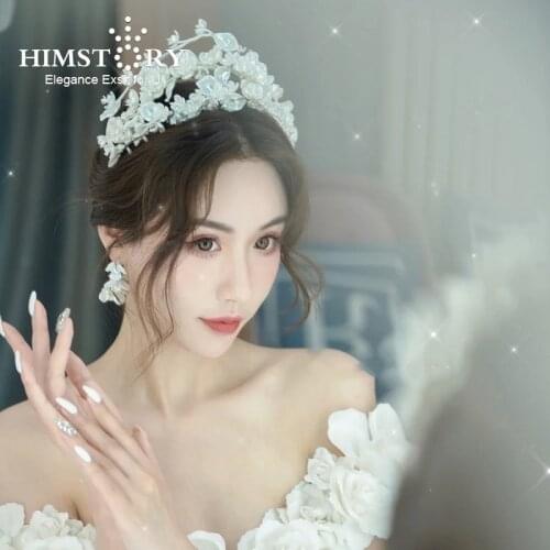 Himstory Handmade White 3D Flower Wedding Hair Crown Girls Woman Headpiece Bridal Party Evening Dress Hair Jewelry Accessories
