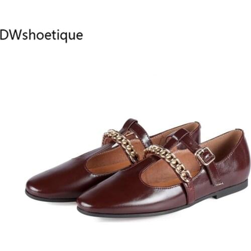 Spring genuine leather women dress shoes chain strap round toe women flats