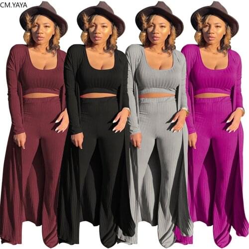 CM.YAYA Active Wear Womens Set Long Sleeve Long Cloak Tank Top Straight Pants Suit Tracksuit Three Piece Set Fitness Outfit