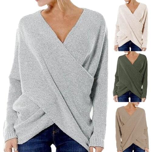 Solid Color Women Fashion V Neck Cross Front Irregular Hem Sweater Loose Jumper