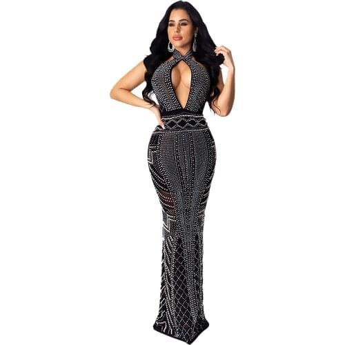 Elegant Sparkly Rhinestones Evening Party Long Dress Women Hollow Out Backless Halter Mesh Sheer Celebrity Bodycon Maxi Dress