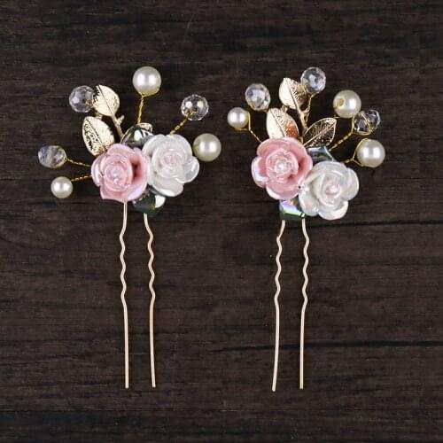 2PCS Gold Color Pearl Crystal Hair Pins White Pink Flower Wedding Hair Jewelry Accessoires Bridal Head Decoration Ornament